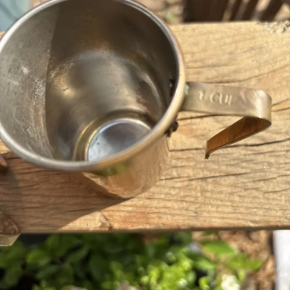 4 Vtg Copper Brass Handle Tall Stacking Measuring Liquid Cups Rustic Farmhouse